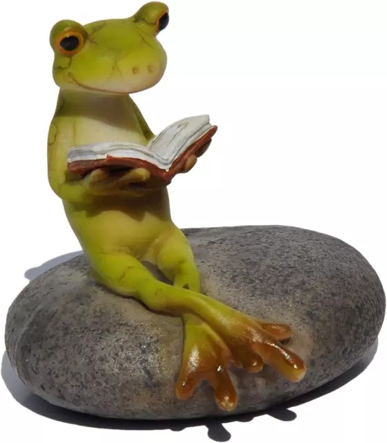 Miniature Fairy Garden and Terrarium Frog Reading on Stone Statue