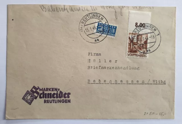 Brief - alli. Zone 2 Briefmarken mit Mi.Nr. 21 EF - Reutlingen Babenhausen 1949