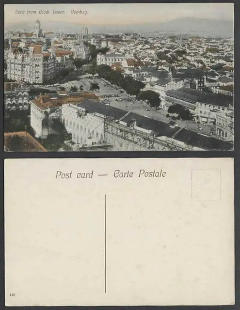 India Old HandTinted Postcard Panorama View from Clock Tower Bombay Street Scene