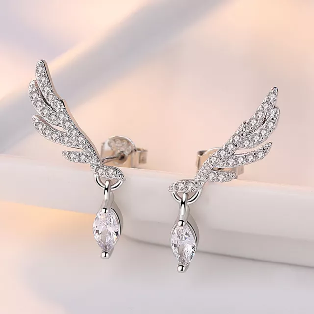 925 Sterling Silver Angel Wings CZ Dangle Stud Earrings Womens Fashion Jewelry 2