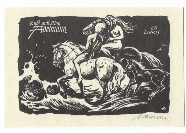 RUDOLF WARNECKE: Exlibris für Rudi und Lina Adelmann, nackte Reiter