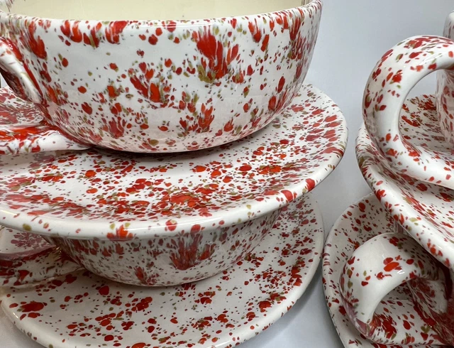 VTG MCM Set (4) Red/White Speckle Ceramic 5” Soup Bowls With Under Plates