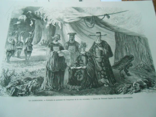 Gravure 1860 - Cochinchine Portraits et costumes de l'Empereur et ses ministres