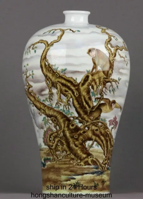 15.8" Old Chinese Yongzheng Dynasty Enamel Cai Porcelain Monkey Tree Bottle Vase