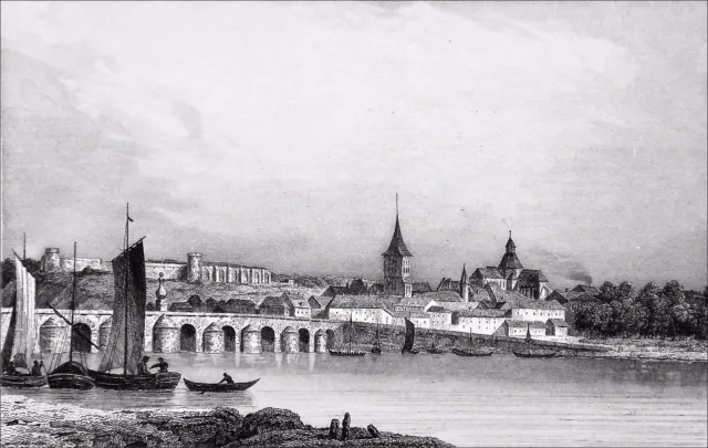 LA CHARITÉ-sur-LOIRE: GABARS at the foot of the OLD BRIDGE - 19th century engraving