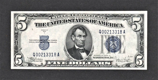 1934 $5 Five Dollar Silver Certificate Currency Note Crisp White Uncirculated