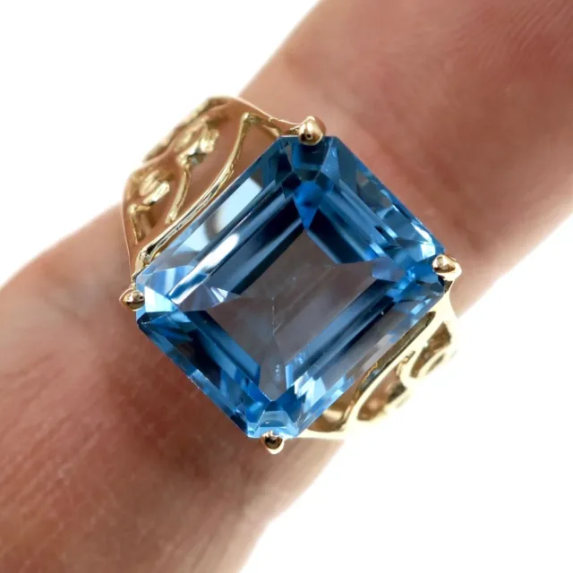 14K SOLID YELLOW Gold 5ct Natural Swiss Blue Topaz Open Work Ring Size ...