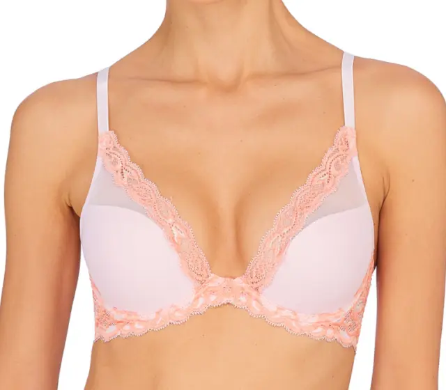 Natori 34B Feathers Plunge T-Shirt Bra NWOT 730023 Ribbon Pink / Peach