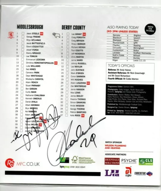 Multi Signed Programme Middlesbrough V Derby County Plus Ticket