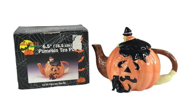 Halloween Harvest 6.5” Pumpkin Tea Pot Black Cat Witch Ghost