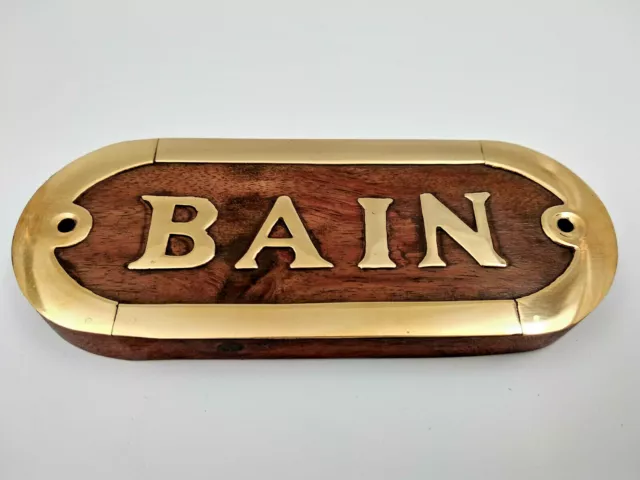 Plaque de porte bois et laiton BAIN longueur 12,5cm pour la maison le bateau...