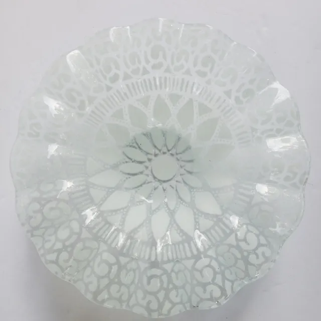 Sydenstricker Clear White Fused Glass Ruffled Candy/Nut Bowl Dish ~6.5”-Signed