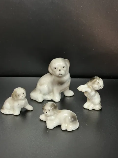 Vintage Miniature Dog Family Momma 3 puppies Porcelain Black White Japan
