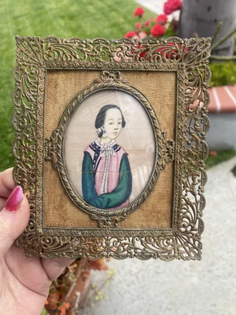 Antique 1890’s  Miniature Chinese Painting Portrait  Girl Hand Painted on Silk 3