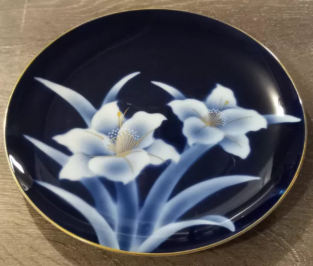 Vintage Cobalt Blue Japanese Plate With Flowers 9.5 Inch