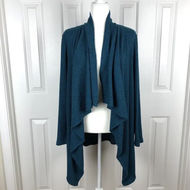 Slinky Brand Large Open Front Cardigan Sweater Ribbed Knit Waterfall Teal Blue