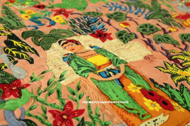 Frida Kahlo Kantha Quilt Throw Handmade Cotton Indian Bed Sofa Blanket Peach 70" 3