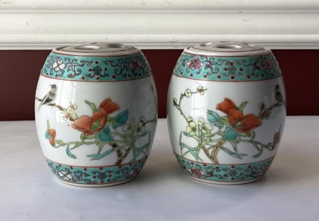 Pair of VTG Chinese Turquoise Porcelain Ginger Jars, Birds, Signed & Inscribed