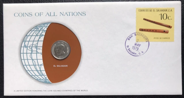 El Salvador 1977 50 Centavos Coin Stamp Cover ~ Coins of All Nations Issue ~ COA