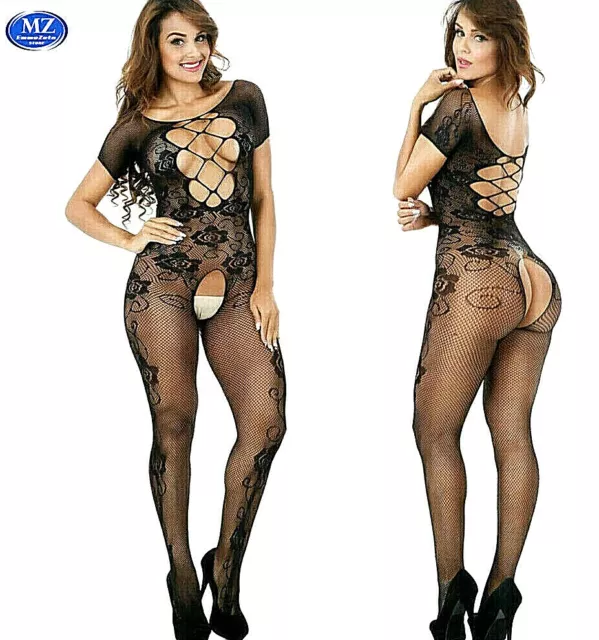 Bodystocking catsuit body tuta sexy lingerie intimo da donna cavallo aperto rete