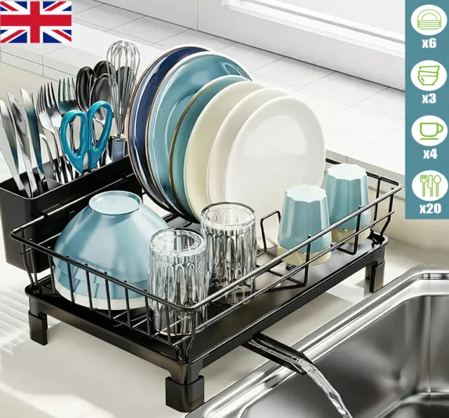 Kitchen Dish Drying Rack Large Dish Drainer w/ 360° Drip Tray Bowls Plate Holder