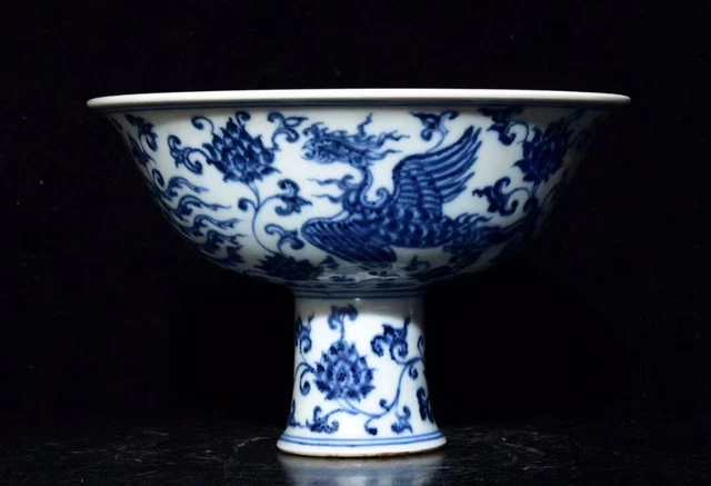 Estate Chinese Antique Ming Dynasty Blue&white Porcelain Phoenix High foot Bowl