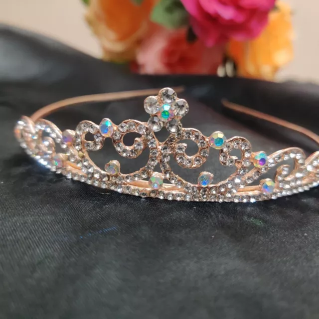 Princess Rhinestone AD CZ Crown Crystal Headband Rose Gold Tiara Sweet 16 Prom