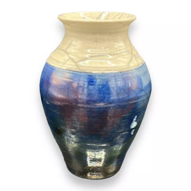 Raku Pottery Blue Metallic Studio Artisan Vase White Beige Crackle 9.5" Ceramic