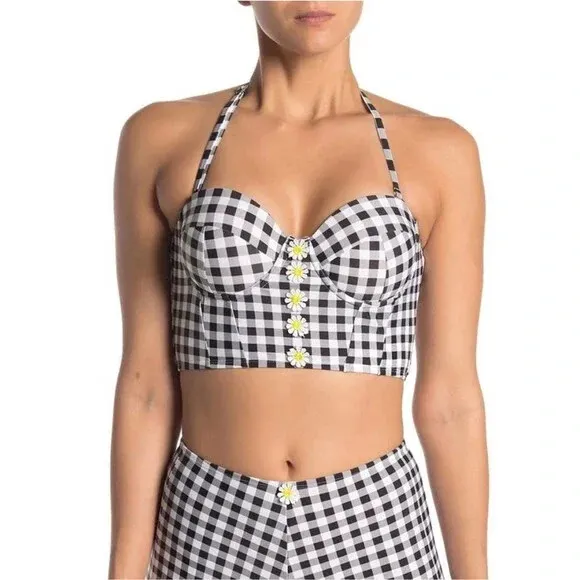 Betsey Johnson Retro Gingham Bustier Convertible Halter Neck Bikini Top