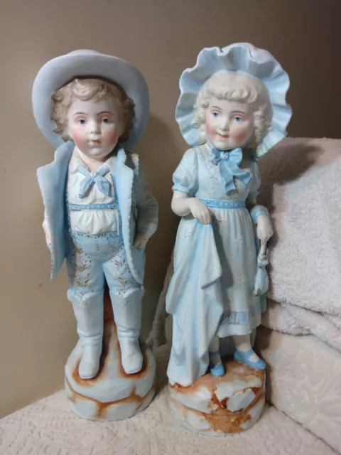 Antique German Bisque Porcelain Figurine Pair Boy Girl 16" Light Blue Charming