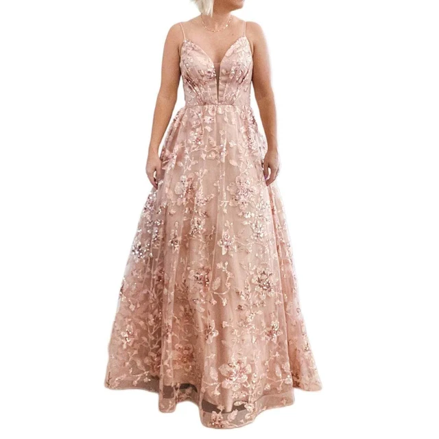Cinderella Divine | Dusty Rose Pink Sleeveless Deep-V Formal Sequin Sparkle Gown