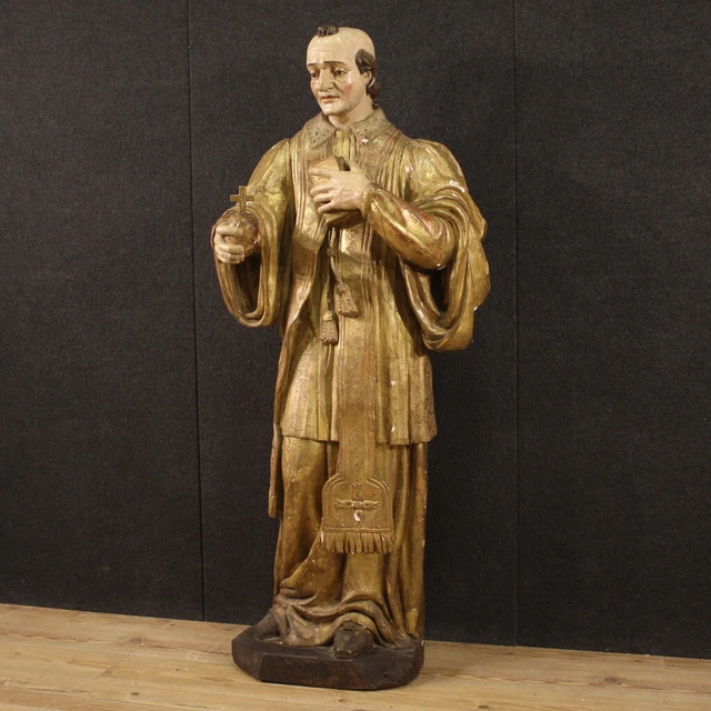 Grande scultura antica religiosa dipinta statua lignea policroma Santo 700