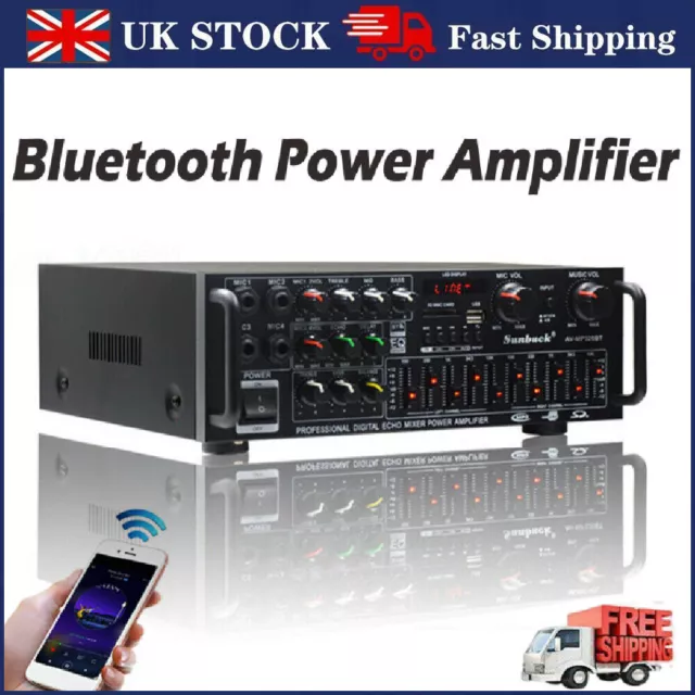 2000W Bluetooth Stereo Amplifier HIFI 2CH Tuner Remote Control USB SD Mic Input