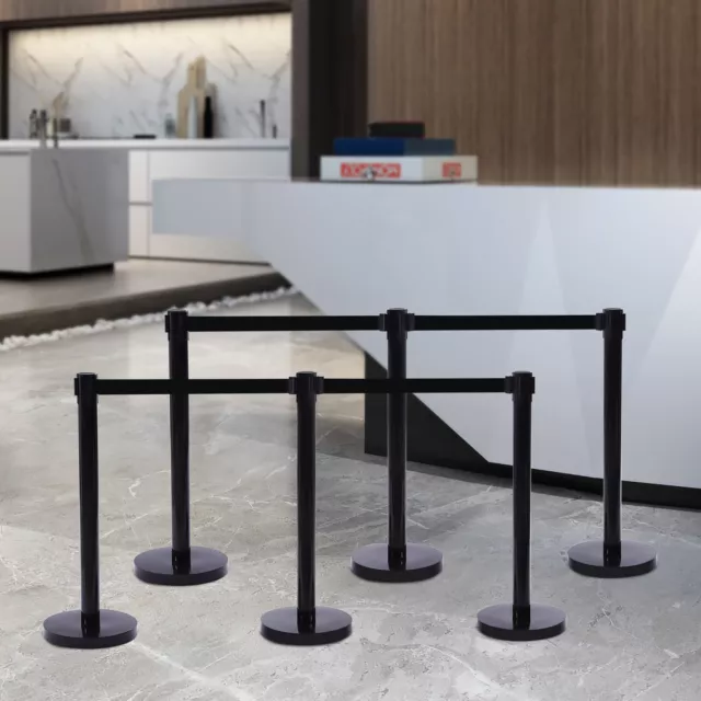 6Pcs Crowd Control Barrier Queue Poles Black Stanchion Posts w/Retractable Belt