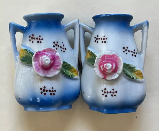 Occupied Japan 2 Miniatute Vases With Flowers Blue, Yellow, Red