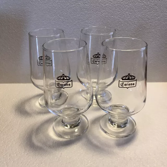 Set Of 4 Vintage Corona Beer Gold Logo Pedestal Glass Clear Footed