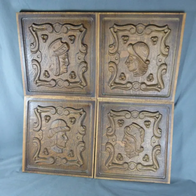 Lot of 4 French Vintage Hand Carved Wooden Panel with Different Human Faces