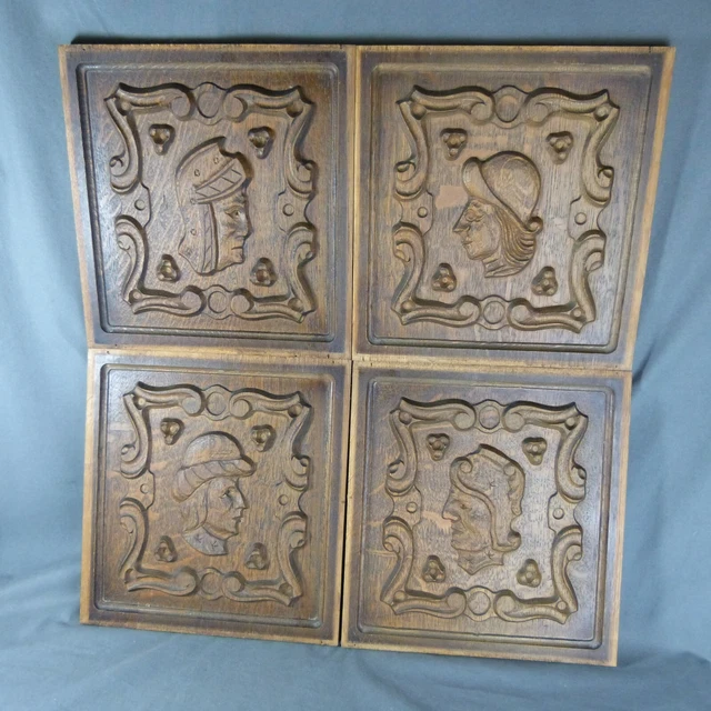 Lot of 4 French Vintage Hand Carved Wooden Panel with Different Human Faces