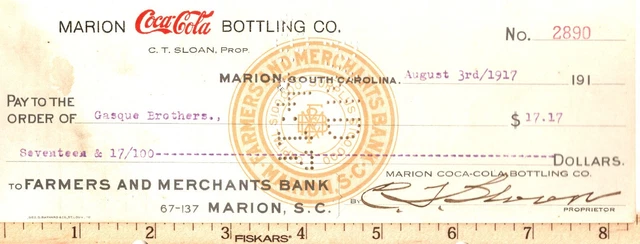 Coca Cola Check Marion, South Carolina Bank Check 1917