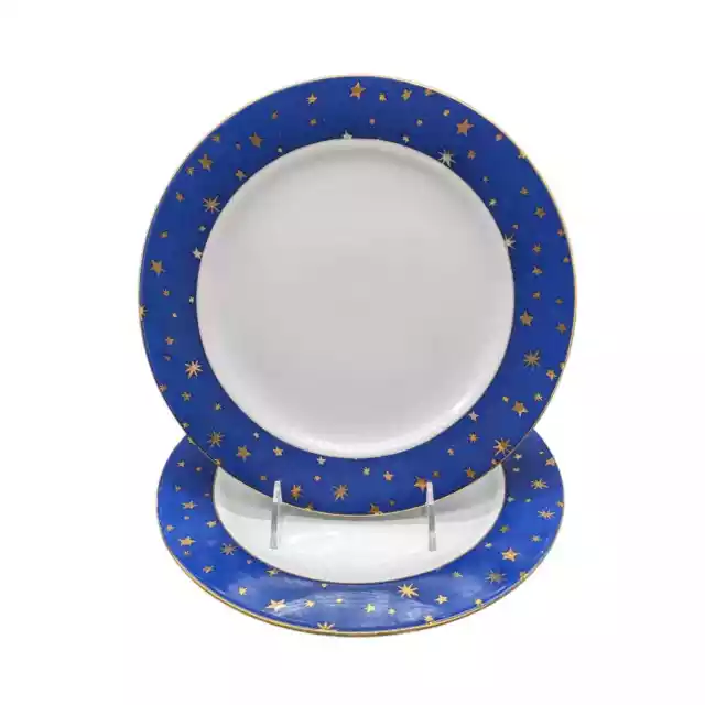 Pair of 2 Sakura Fine Porcelain GALAXY BLUE 14k Gold Stars 10.5" Dinner Plates