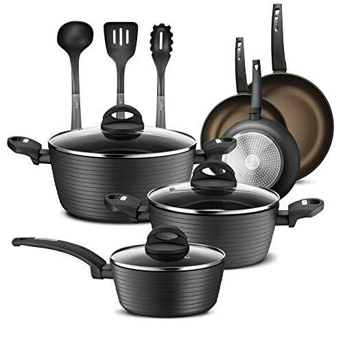 Juego de utensilios de cocina antiadherentes de 12 piezas - profesional anodizados duros para el hogar gris
