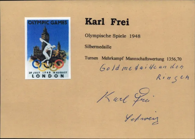 Karl Frei Schweiz Olympia Gold 1948 Ringe Turnen original Autograph (B-8788
