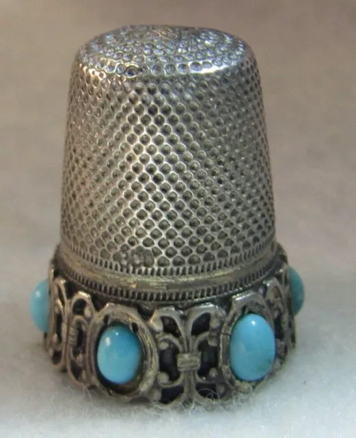 #750 Turquoise Cabochons  Sterling Silver Thimble  - Germany (Size 8/My Guess)