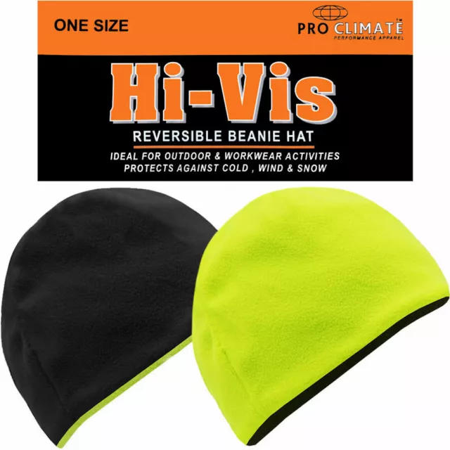 Pro Climate Hi-Vis Reversible Beanie Hat Black Yellow Outdoor Cycling Jogging UK