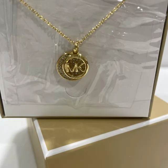 $135 NEW MICHAEL KORS Gold Tone Pave MK Logo Pendent Necklace MKJ8009710 3