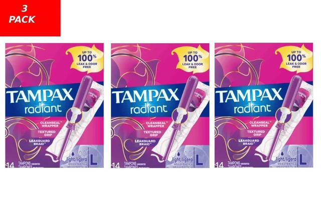 Tampax Radiant Tampons Plastic Applicator 3 Box of 14 – Light, Unscented