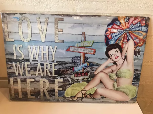 Retro Blechschild Deko Beach Pin Up Girl Metallschild 20 x 30 cm Love is why....