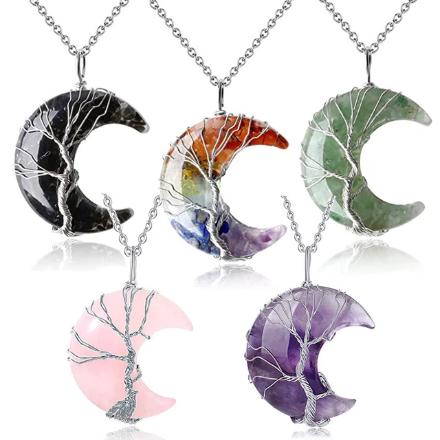 Crescent Moon Shape Gift Wire Wrap Necklace Stone Chakra Natural Crystal Pendant