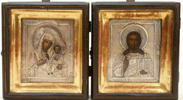 Antigüedad Bodas Par De Rusa 19c Iconos Con 84 Plata Oklads Contrastados