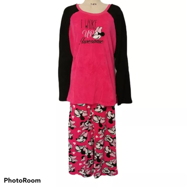 Disney Minnie Mouse Pink Fleece Pajama Set "I woke up Awesome" 2X (18/20)